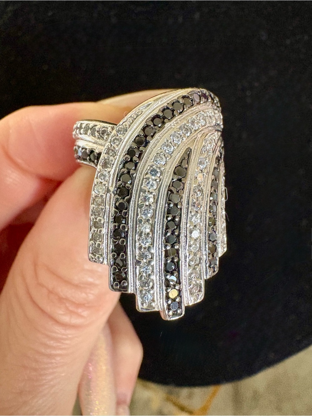 LARGE GENUINE 2 CT Black White Diamond
Ring Art Deco Sz 7 Sterling S 18k Gold P - Picture 5 of 15
